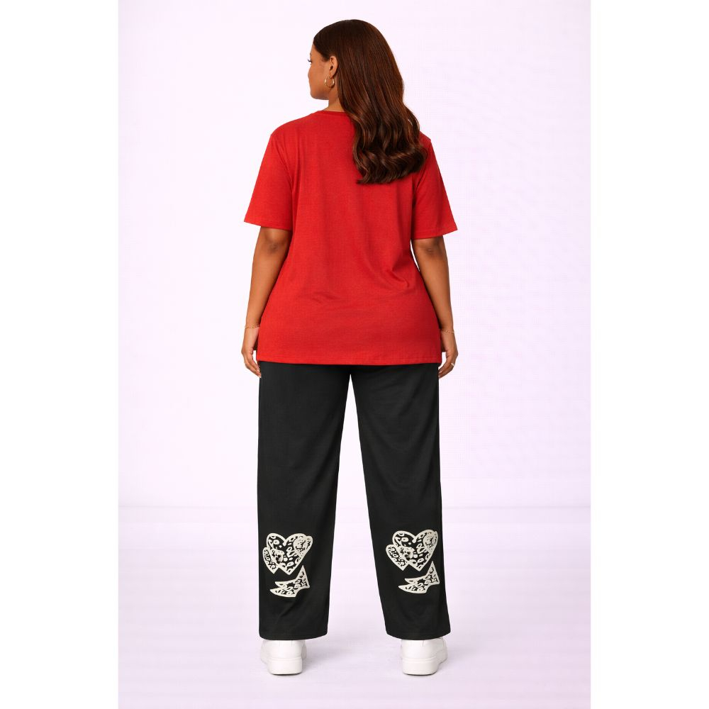 Red Graphic T Shirt & Printed Black Pants Set